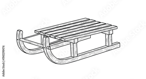 Wooden sled illustration depicts a classic winter toy made of planks and curved runners in a detailed black and white sketch style.