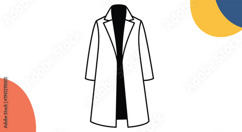 Long coat fashion illustration shows an open trench coat in black and white line art surrounded by abstract colorful circular shapes.