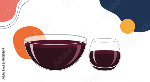 Red wine illustration features two different styles of glasses filled with dark burgundy liquid against a white background with abstract shapes.