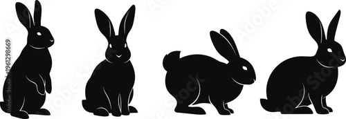 Collection of black rabbit silhouette illustrations showing sitting, crouching, and upright poses, perfect for wildlife education, animal studies, design projects, and creative artwork applications.