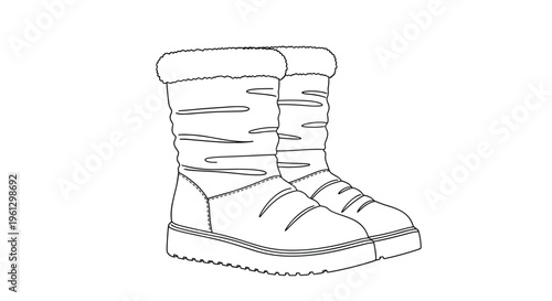 Winter boots line art drawing depicts a pair of warm and cozy footwear with fur trim and thick soles in a simple black and white style.