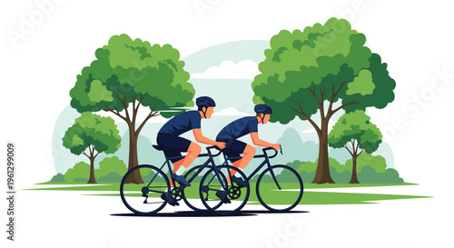 Bicycle racing illustration shows two cyclists in athletic gear riding through a park with lush green trees and a clear blue sky.
