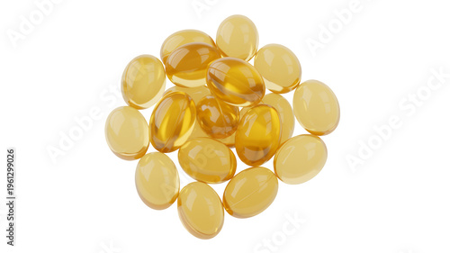 Pile of yellow gel capsules medicine isolated on a transparent background