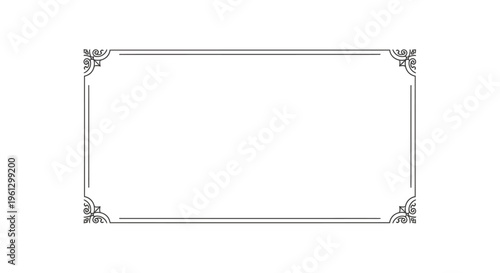 Elegant Simple Rectangular Frame with Decorative Corner Ornaments Line Art on an Isolated White Background.