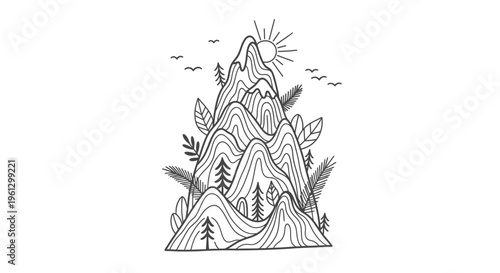 Detailed Mountain Landscape with Layered Peaks, Pine Trees, Sun, and Birds, isolated white background