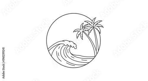Tropical Beach Island Scene with Palm Trees and Ocean Waves in Circle Frame, isolated white background