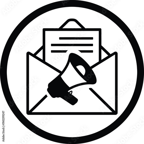email marketing vector icon, minimalist envelope and megaphone symbol in clean line art design, digital marketing and communication motif for logo branding illustration and web graphic projects.