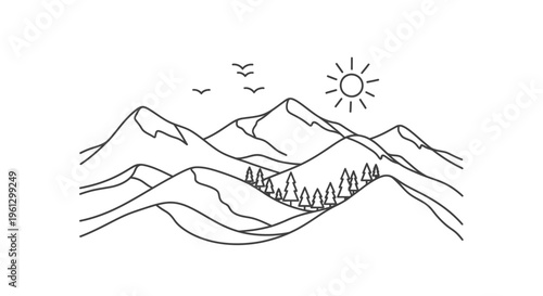 Horizontal Line Art Illustration of Serene Mountain Range with Trees, Sun, and Flying Birds on an Isolated White Background.