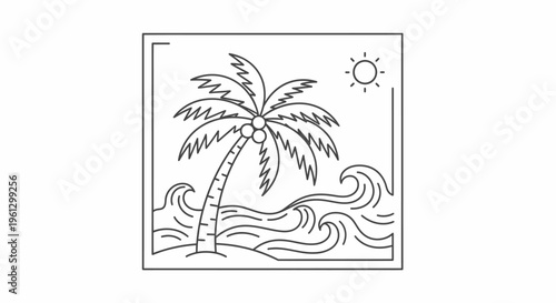 Summer Beach Vista with Palm Tree, Ocean Waves, and Sun in Square Frame, isolated white background