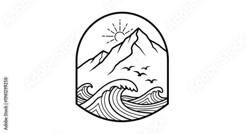 Arch-Shaped Line Art Emblem with Mountain Peak, Ocean Waves, Sun, and Flying Birds on an Isolated White Background.