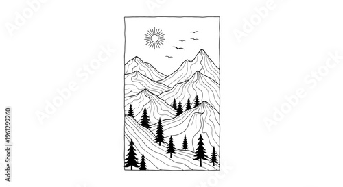 Vertical Line Art Mountain Range with Pine Forest, Sun, and Flying Birds on an Isolated White Background.