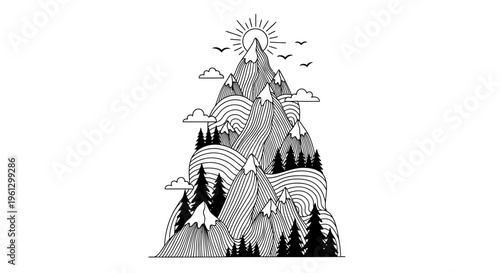 Detailed Line Art Triangular Mountain Landscape with Sun, Pine Trees, and Flying Birds, isolated white background