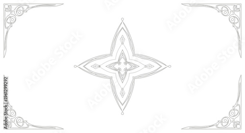 Elegant Decorative Corner Design Elements and Symmetrical Star Motif Line Art on an Isolated White Background.