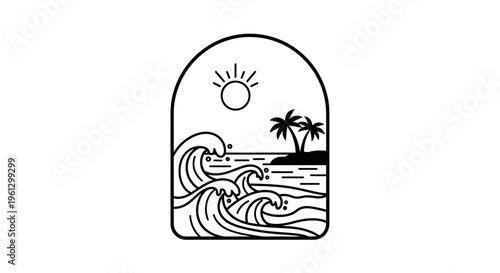 Tropical Arch Frame with Palm Trees, Ocean Waves, and Sun for Holiday Design, isolated white background