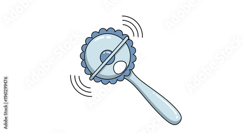 Baby rattle toy illustration features a blue plastic rattle with a scalloped edge and motion lines to indicate a shaking sound.