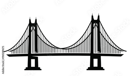 Silhouette of a suspension bridge with two towers and cables