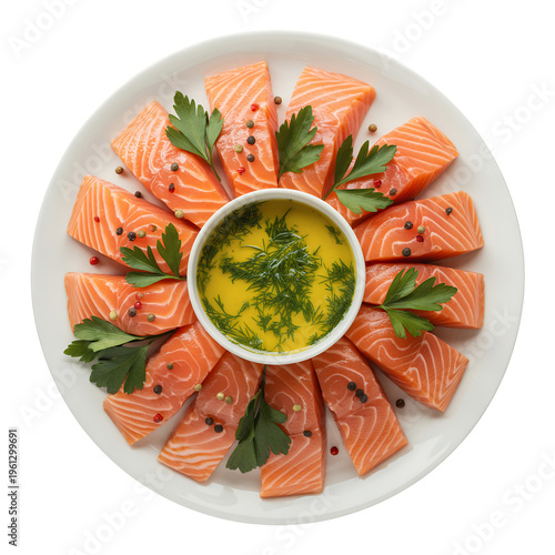 Salmon sashimi on a white plate with bowl of yellow sauce raw fish isolated on a transparent background
