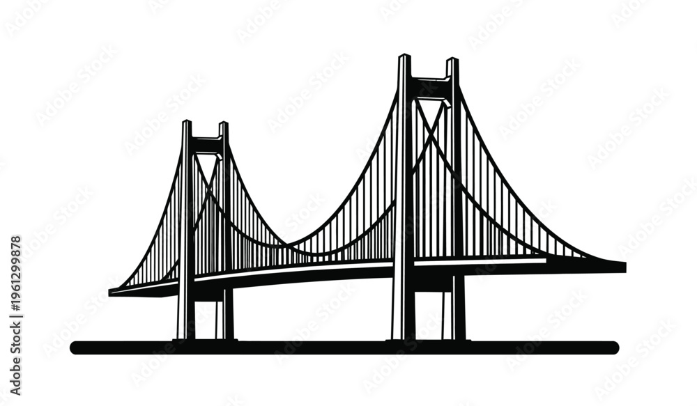 Fototapeta premium Silhouette of a suspension bridge with two towers and cables