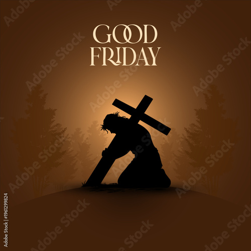 Good Friday Silhouette Illustration of Jesus Carrying the Cross for Good Friday, with Crown of Thorns and Distant Trees on a Radial Brown Gradient Background
