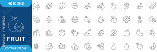Fruit Icon Set. fruit, apple, banana, orange, grape, mango, pineapple, strawberry, watermelon, cherry, lemon. Editable stroke. Vector illustration.