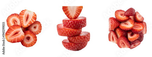 Sliced strawberries in mid-air flying fruit isolated on a transparent background