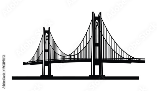 Silhouette of a suspension bridge with two towers and cables