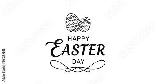 Happy Easter Day greeting card features bold black typography with two eggs and elegant flourishes on a white background.