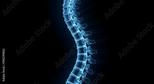 Glowing blue spine x ray image with vertebrae and discs
