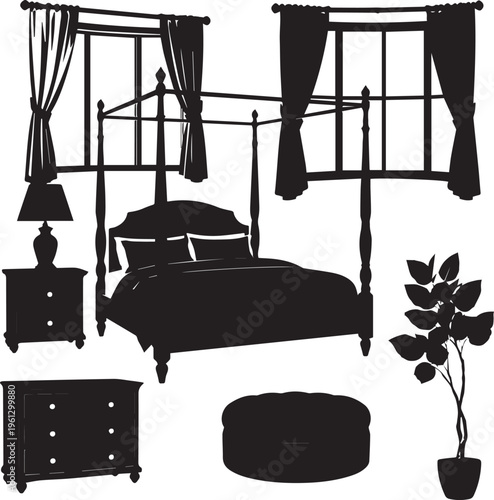 Bold Black And White Bedroom Furniture Set With Four Poster Bed
