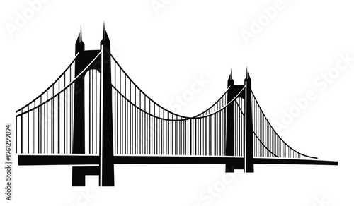 Silhouette of a suspension bridge with towers and cables