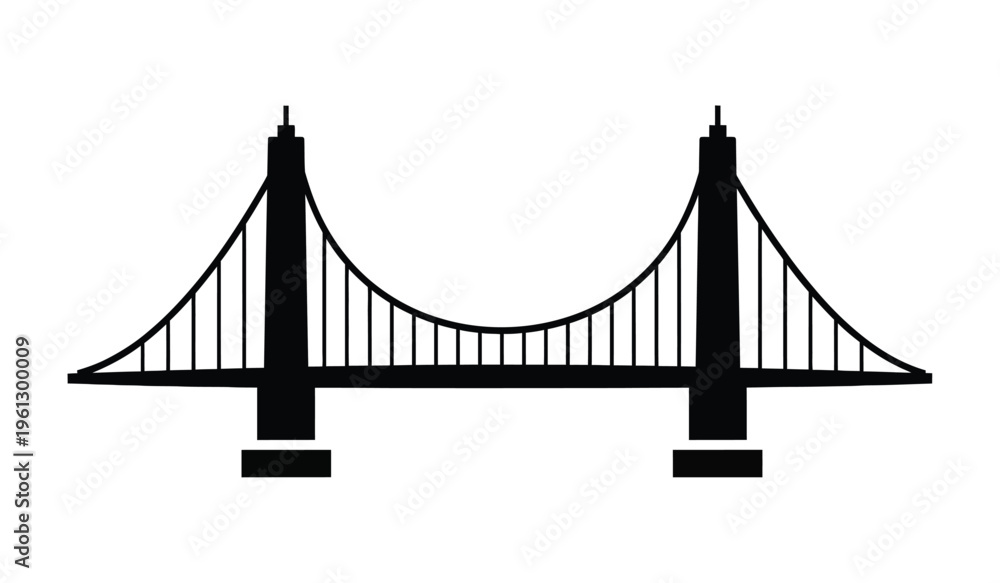 Fototapeta premium Silhouette of a suspension bridge with two towers and cables