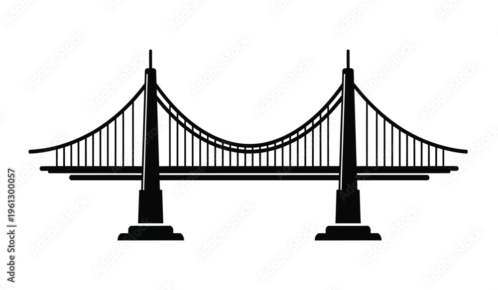 Fototapeta premium Silhouette of a suspension bridge with two towers and cables