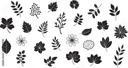 Black and white leaf and flower silhouettes on white background