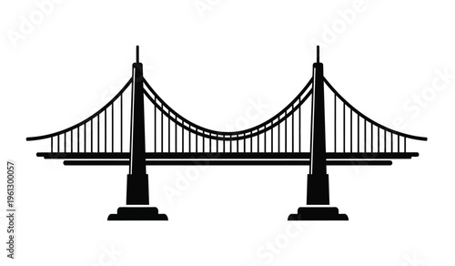 Silhouette of a suspension bridge with two towers and cables