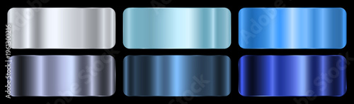A set of blue and silver gradients on a black background. Metallic gradient effects for text and infographic design. Vector illustration.