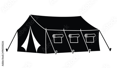 Black silhouette of a large outdoor event tent with windows and poles