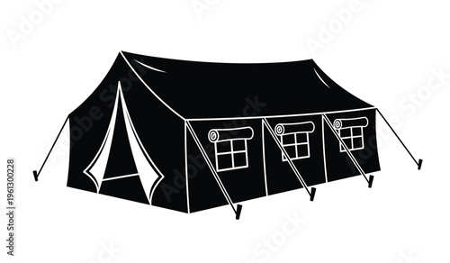 Black silhouette of a large tent with windows and poles