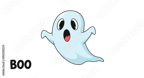 Halloween ghost illustration features a cute and friendly white spirit character with a surprised expression and the text Boo.
