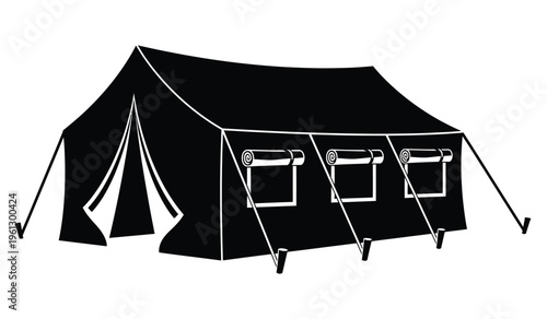 Black silhouette of a large outdoor event tent with windows