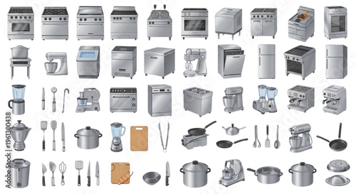 Commercial Kitchen Equipment, Restaurant Appliances, Stainless Steel, Catering Tools, Cooking Equipment Vector Set for Modern Food Service and Industrial Culinary Workspace Design