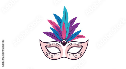 Elegant pink masquerade mask decorated with blue and purple feathers for carnival or Mardi Gras party on a white background.
