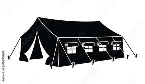 Silhouette of a large black tent with windows and poles