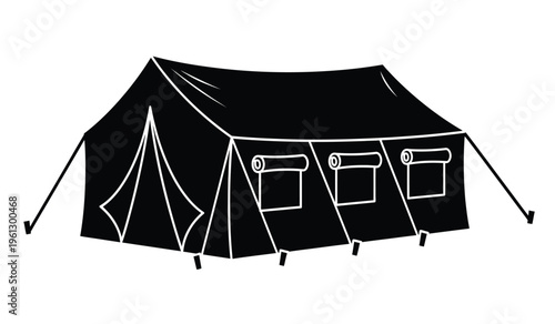 Black silhouette of a large outdoor tent with windows and poles