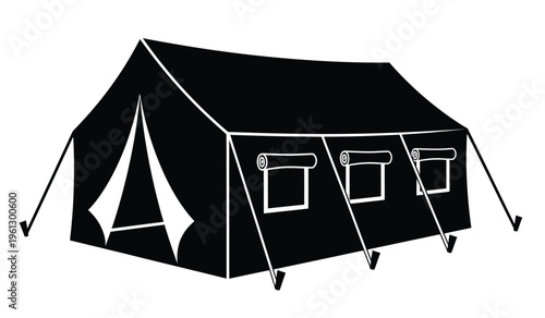 Silhouette of a large black tent with windows and poles