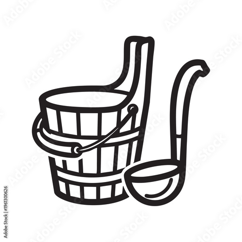 An outline drawing of a bucket and ladle for sauna use on a white background.