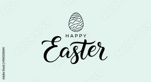 Happy Easter greeting card design with elegant calligraphy lettering and a decorative patterned egg on a pale blue background.