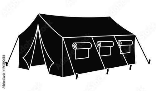 Black silhouette of a large outdoor event tent with windows