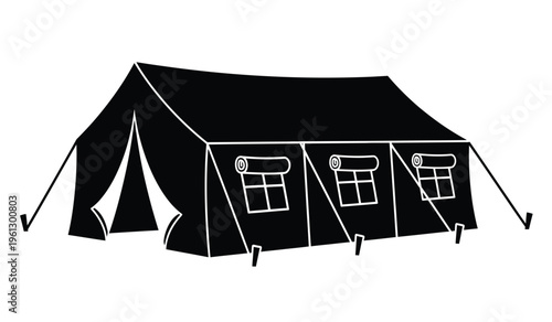 Black silhouette of a large outdoor event tent with windows and poles