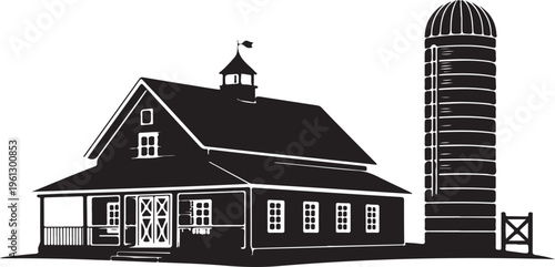 Farm barn and silo illustration, countryside building with agricultural setting.