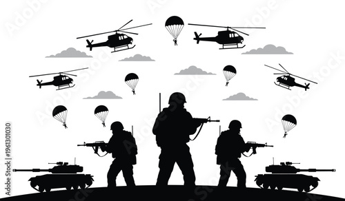 Military silhouette scene with soldiers helicopters tanks and parachutes in a combat zone